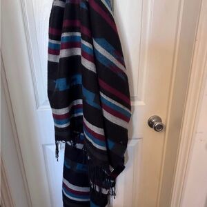 Striped Black and Blue Fringe Scarf
